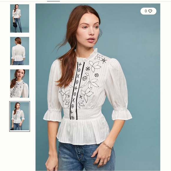 Anthropologie Meadow Rue Meila Embroidered Peasant Peplum Blouse Top Size 0 - Picture 3 of 10